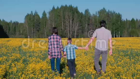 一家人走在田野上在森林附近开着黄花妈妈儿子爸爸回来视频的预览图
