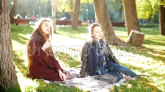 公园里的漂亮女孩坐在毯子上阳光明媚视频的预览图