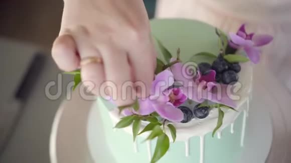 糖果整洁地装饰蓝绿色婚礼饼干蛋糕与蓝莓视频的预览图