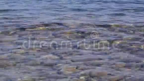 关闭清澈的水面在底部凿石视频的预览图