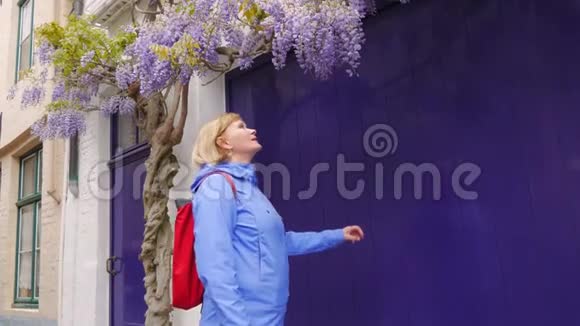 成熟女性游客闻紫花盛开在树枝上视频的预览图