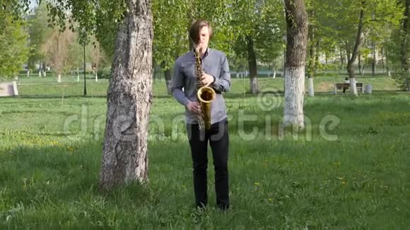 年轻人演奏萨克斯管人站在绿草上走在桦树之间视频的预览图