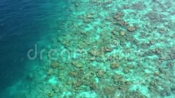 无人驾驶飞机在马尔代夫这个异国情调的岛屿上的珊瑚礁上空俯瞰美景视频的预览图