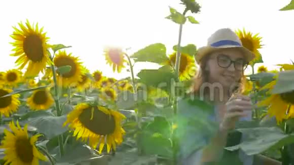 带着向日葵的少女在背光下享受乡村美景视频的预览图