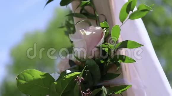 手持近距离拍摄的花附在一个Arbour上用于户外婚礼视频的预览图