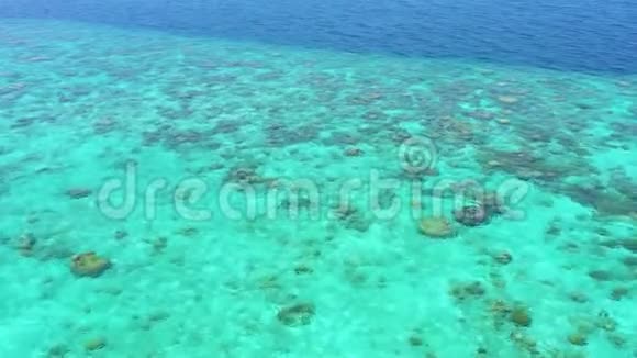 无人驾驶飞机在马尔代夫这个异国情调的岛屿上的珊瑚礁上空俯瞰美景视频的预览图