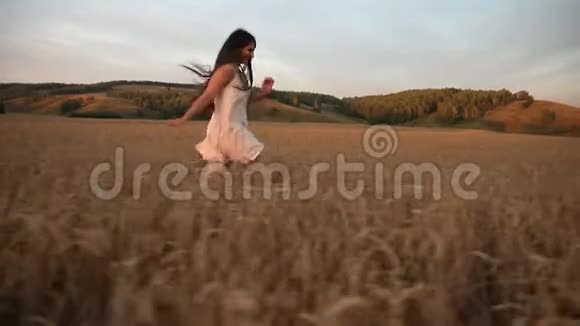 stadicam拍摄了一个年轻快乐的女人在麦田里嬉戏慢动作视频的预览图
