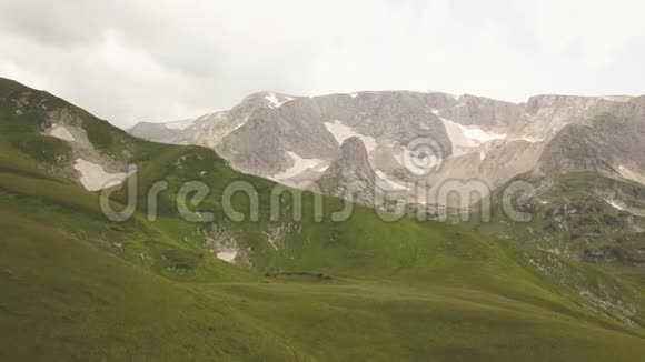 从飞行无人机俯瞰雪山山峰和绿色草地景观视频的预览图