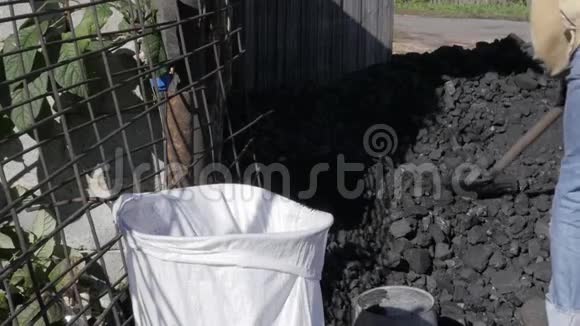 工人把煤装在袋子里人拿着铲子在后院堆煤为冬天做准备视频的预览图