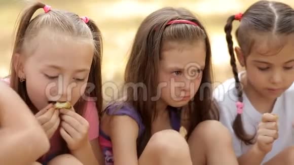 孩子们花时间在公园的草坪上吃苹果一个孩子很生气很生气视频的预览图