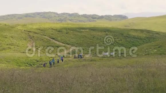 游客背着背包在山上的绿色草地上徒步旅行视频的预览图
