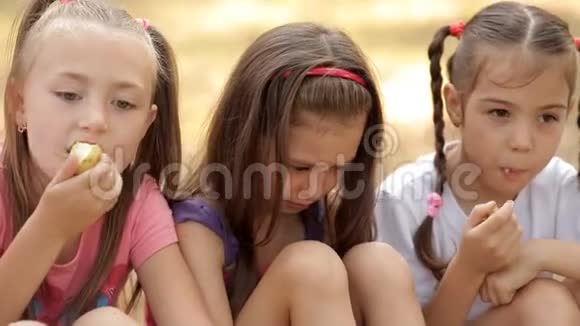 孩子们花时间在公园的草坪上吃苹果一个孩子很生气很生气视频的预览图