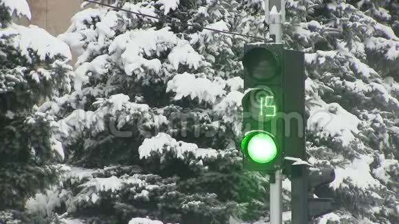 交通信号显示绿灯和红灯被雪覆盖视频的预览图
