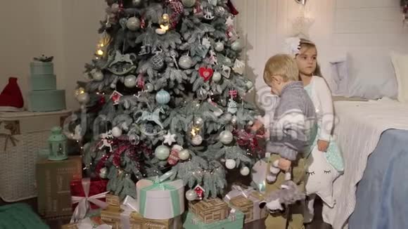 两个小朋友装饰一棵圣诞树视频的预览图