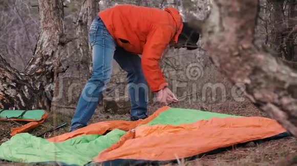 一个孤独的游客穿过松林搭起帐篷过夜视频的预览图