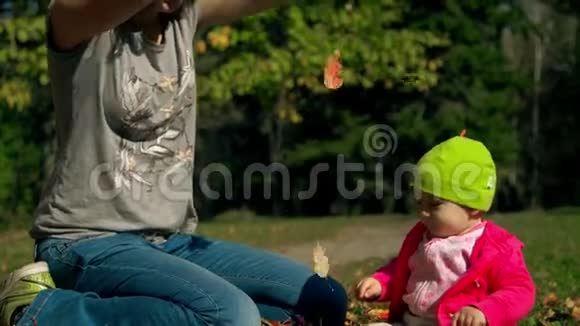 妈妈和女儿坐在秋天的草地上玩着落下来的红黄叶视频的预览图