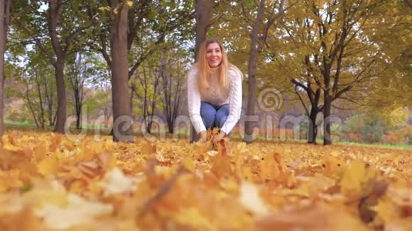 可爱的女人扔秋叶在五颜六色的森林里欢笑视频的预览图