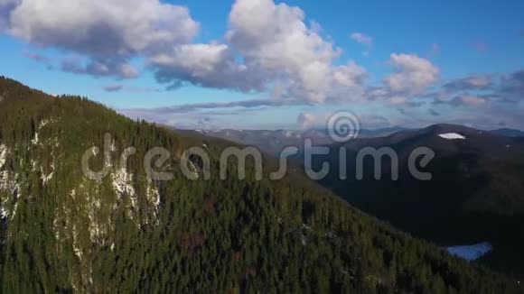 从空中俯瞰蓝天上的云彩俯瞰壮丽的雪山景观和针叶林景观视频的预览图
