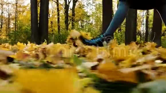 金秋落叶上行走的女子动作缓慢镜头移动视频的预览图