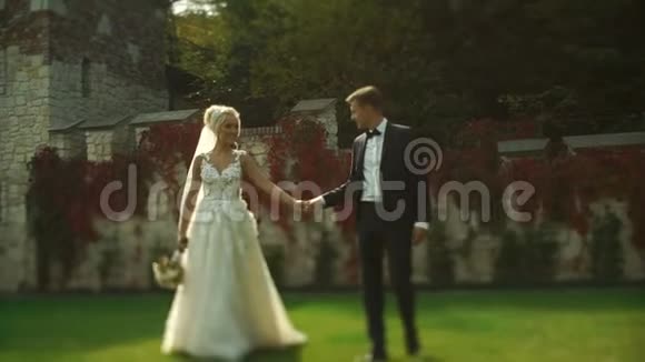 华丽时尚的新婚夫妇在盛开的花园里散步时温柔地牵着手跳舞视频的预览图