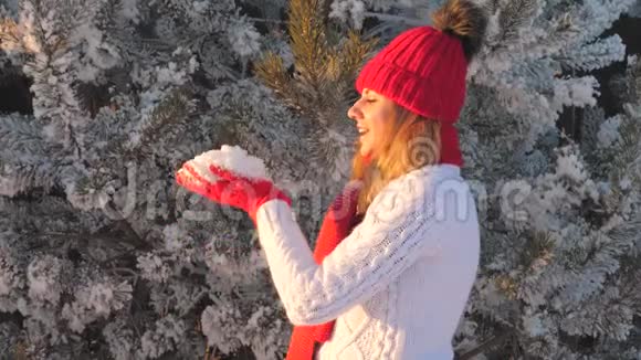 美丽欢乐的女人在冬天有乐趣吹雪摇光线具慢动作视频的预览图