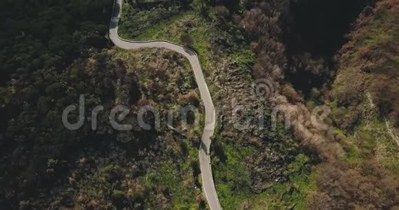 无人机飞过狭窄的山路森林车道向过往车辆和建筑物开放的高空俯视图4K视频的预览图