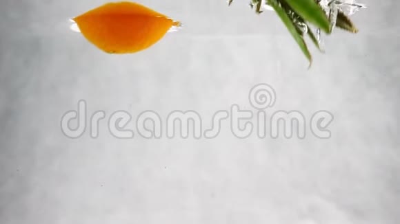 菠萝橘子和柠檬在水中缓慢地溅起水花和气泡视频的预览图