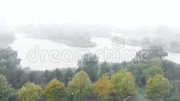 雨风和雾在河边被树木包围城市地区视频的预览图