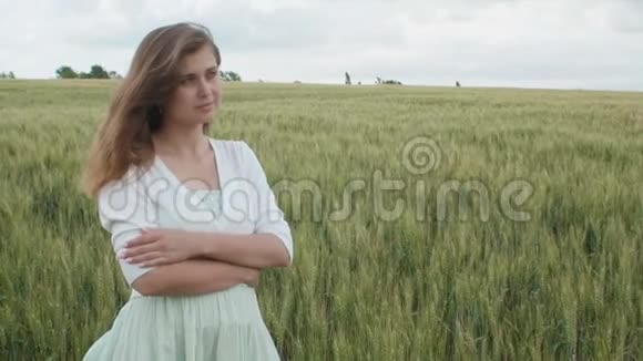 美丽的年轻的俄罗斯女孩在高大的绿色小麦小穗在田间年轻的女人享受夏天人类的和谐视频的预览图
