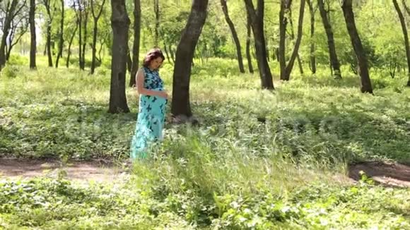 年轻漂亮的怀孕女孩穿着蓝色的裙子蝴蝶在公园里散步视频的预览图