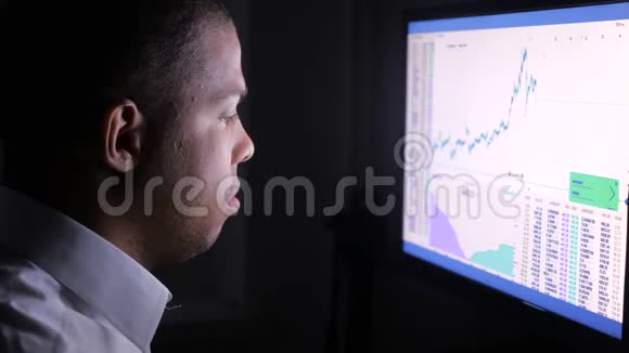 一个年轻忙碌的非洲商人晚上在电脑上工作视频的预览图