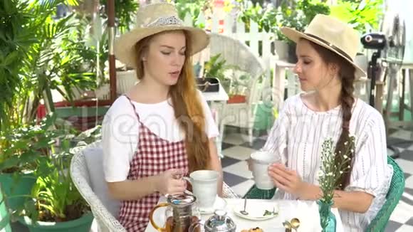 两个女人喝茶聊天玩得很开心视频的预览图
