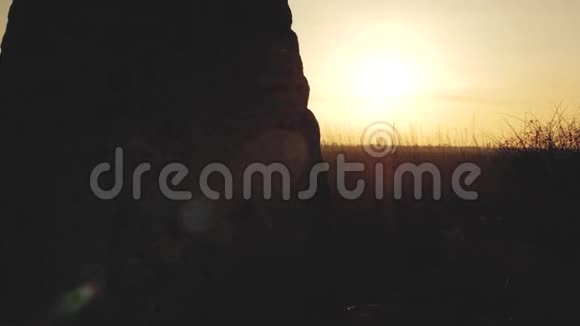日落时分大石头在阳光下穿过田野视频的预览图