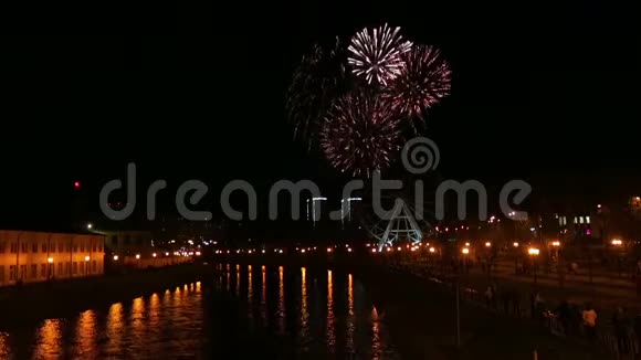 河堤上夜空中璀璨的节日烟火视频的预览图