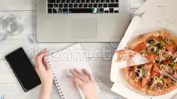 女商人用手提电脑在办公桌上工作吃午饭视频的预览图