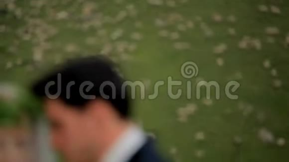 在绿色草地的背景下新婚夫妇在他们的婚礼上视频的预览图