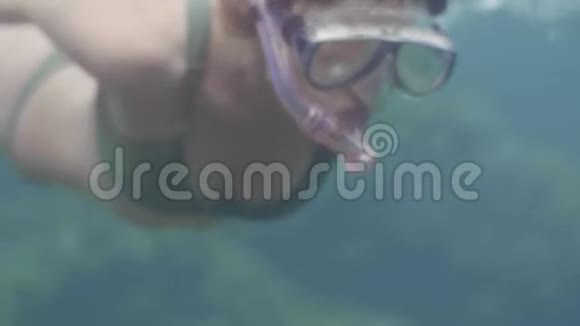 穿泳衣和浮潜面具的年轻女子在蓝海的水下游泳女人在海水中浮潜观看视频的预览图