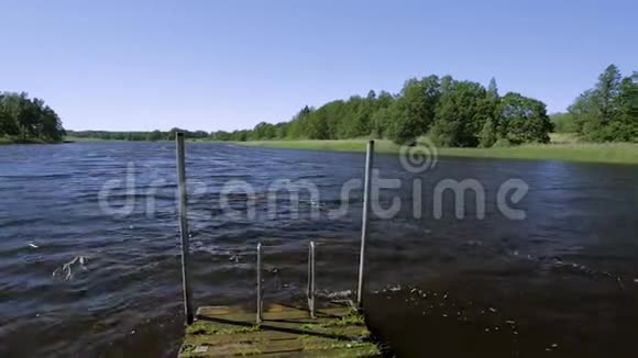 美丽的湖岸景色深蓝的水面在绿树和蓝天背景上瑞典视频的预览图