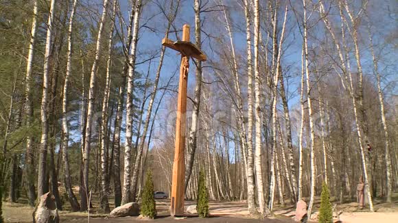 木制的十字架站在蓝天背景下的树间视频的预览图