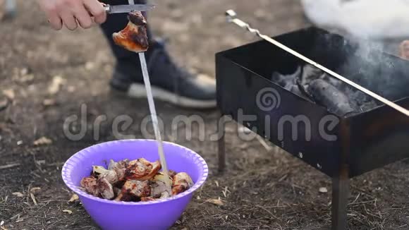 美味的蘑菇串自然烧烤蘑菇视频的预览图