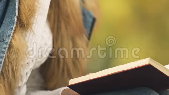 女性阅读书籍户外喝热茶秋天的舒适和温暖视频的预览图