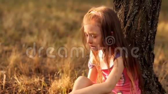 一个可爱的小女孩在公园里玩坐在树下心烦意乱哭着视频的预览图