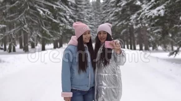 两个女朋友站在冬天的森林里用智能手机自拍视频的预览图