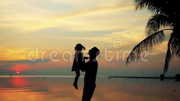 年轻父亲的剪影举着他可爱的小女儿在空中与美丽的日落天空在棕榈树慢慢慢慢视频的预览图