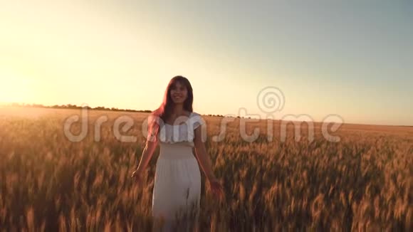 穿着白色连衣裙的快乐女孩带着小麦在美丽的夕阳下散步女孩触摸成熟小麦的耳朵慢慢视频的预览图