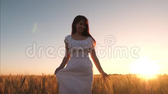 穿白衣服的女孩在美丽的夕阳余晖中和小麦一起走在田野上女孩抚摸着成熟的麦穗慢动作视频的预览图