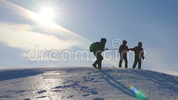 登山队员在冬天从山上下来绳子冬季协调良好的团队合作旅游旅行者从视频的预览图