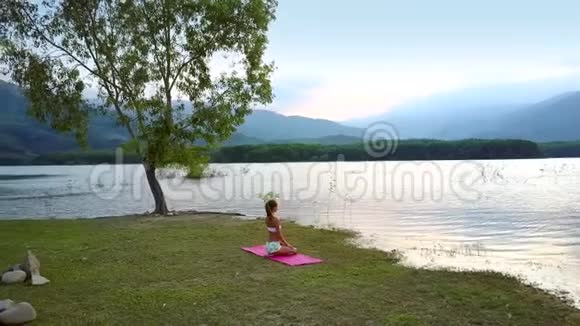 女孩的轮廓坐在瑜伽姿势在树上看湖山视频的预览图