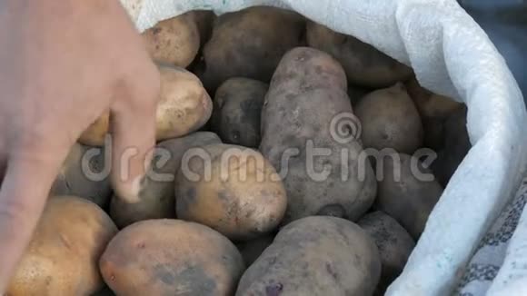 男人的手碰土豆袋装大土豆土豆大丰收近景视频的预览图