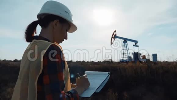 女工程师在油田剪贴板上写字女性戴白色安全帽穿工作服工业石油和天然气视频的预览图
